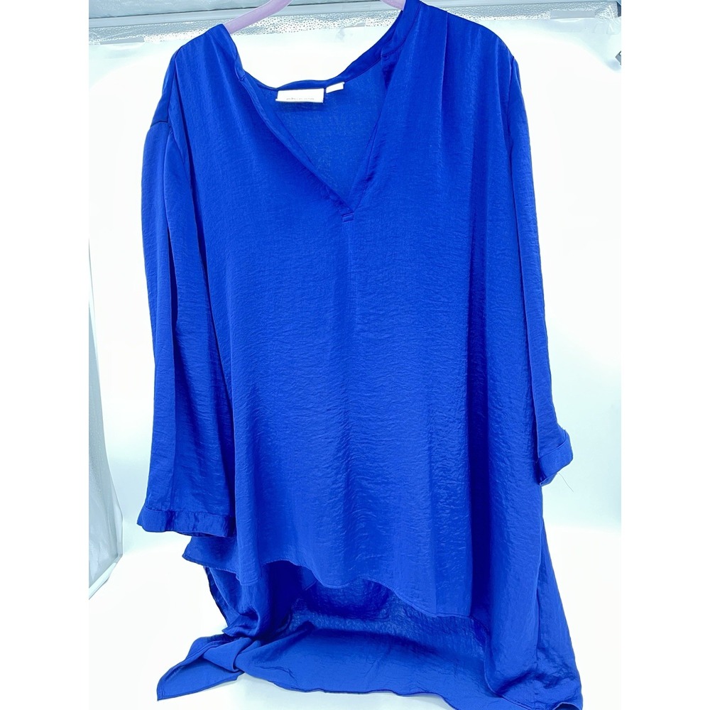 Chico's Top Blouse Royal Blue High-Low Hem Long Sleeve Sz 4/XXL V Neck Pullover